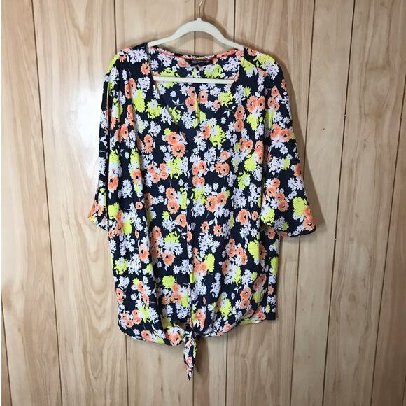 Jones New York Pink & Yellow Daisy Print Round Neck 3/4 Sleeves Top 2X - Picture 2 of 5